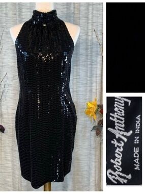 Robert Anthony black sleeveless sequined sheath party dress.